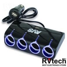 Разветвитель прикуривателя 12/24V (на 4 выхода + 2 USB) AVS CS410U, Купить Разветвитель прикуривателя 12/24V (на 4 выхода + 2 USB) AVS CS410U в магазине РадиоВидео.рф, Разветвители, удлинители